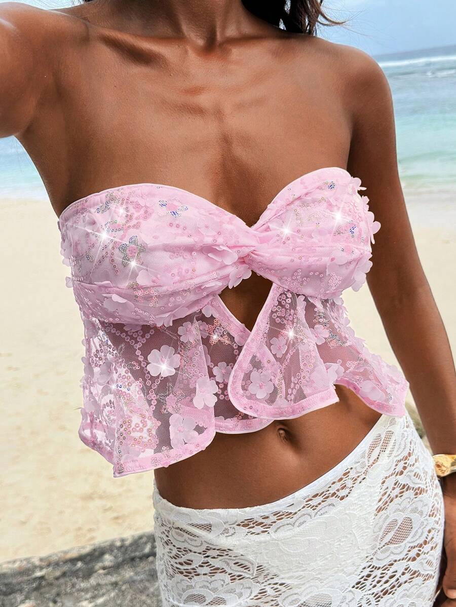 Opulessa Top corto sin tirantes con decoración floral para mujer - Rosa Pálido - Ver 1