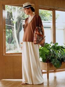 SHEIN LUNE Women's Coffee Brown Bat Sleeves Drawstring Waist Boho Tassel Decoration Casual T-Shirt,Summer Vacation Holiday Bohemian Style Country Concert Top - Coffee Brown - View 6