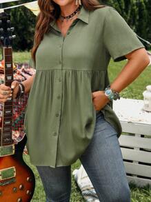 EMERY ROSE Camisa de lino de manga corta con botones, de corte casual y apropiada para vacaciones, con cuello, diseño corto en la parte delantera y largo en la parte trasera, adecuada para primavera/verano, festivales de música country, estilo bohemio, vacaciones, camisas de verano para mujer de talla grande, blusas para salir de talla grande - Verde militar - Ver 7