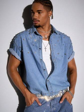 Men Summer Street Life Crystal Decor Single-Breasted Casual Denim Shirt