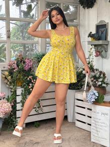 SHEIN EZwear 大码女式碎花无袖连体裤，带口袋 - 黃色 - 查看 7