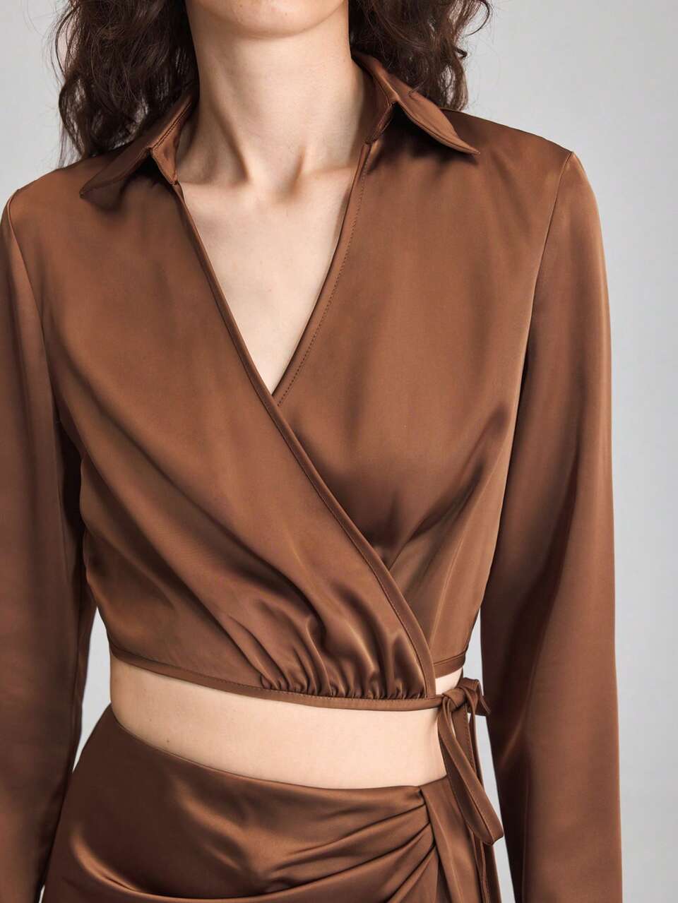 2-Piece Set:Surplice Neck Wrap Tie Crop Top And Skirt,Women's Elegant Autumn Shades Of Brown Y2K Country Style Office Casual Outfit For Dinner Date