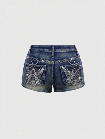 Fairycore Women's Y2K Cowgirl Western Festival Low Waist Handgun Wing Embroidered Denim Shorts