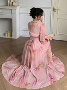 DAZY Abito elegante casual con maniche a campana, scollo a V con strass, vita con laccio incrociato, stampa floreale ditsy, adatto per matrimoni/feste, abiti estivi da donna di media lunghezza - Rosa - Visualizzare 4