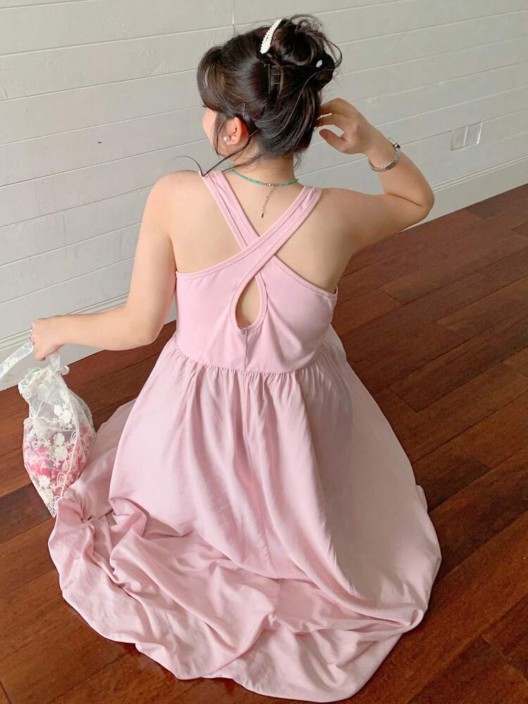 Dazy Plus Plus Size Solid Color Criss-Cross Elastic Pleated Hem Sleeveless Pink Dress Women Dresses Elegant Gown Nice Dress For Women,Casual Women Dresses Cruise Outfit For Women