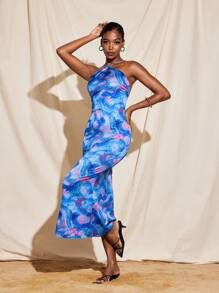 CHAIMA All-Over Blue Printed Satin Halter Flared Hem Midi Dress Women Elegant Sexy Vacation Party - Blue - View 3