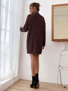 EURMUSE 女士立领落肩休闲针织毛衣连衣裙 - 棕色 - 查看 2