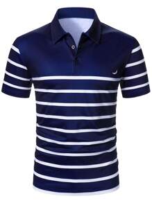 Manfinity Mode 男士时尚休闲条纹短袖 Polo 衫 - 藏蓝色 - 查看 4