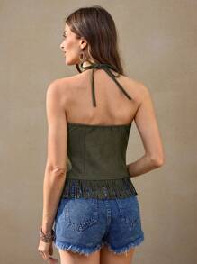 Wildy Women's Summer Western Rustic Casual Suede Fringe Halter Crop Top Western Halter Top Vacation Tops Hippie Rave Outfits Concert - Army Green - View 3