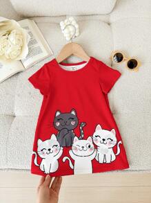 Babygirl 可爱红色卡通图案短袖连衣裙，春夏 - 紅色 - 查看 3