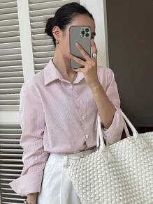 DAZY Women Vertical Striped Loose Fit Casual Long Sleeve Shirt, Summer