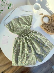 Comfortcana Summer Casual Green Plaid & Daisy Print Backless Jumpsuit For Women - Green - View 2