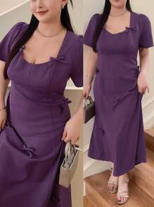 Modelyn Plus Size Solid Color Short Sleeve Dress, Fashionable For Summer - Purple - View 1