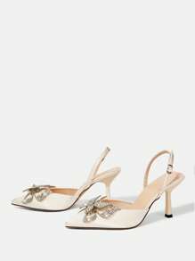 CUCCOO HITCHD 女士尖头水钻蝴蝶装饰细高跟鞋优雅浪漫缎面正装鞋，非常适合伴娘、正式活动、婚礼、派对