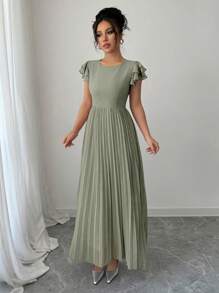 Modelyn Women Plus Size Ruffle Sleeve Pleated Dress - Green - View 5