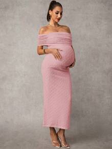 MaterniChic Maternity Pink Dress Elegant Off-The-Shoulder Maternity Dress - Baby Pink - View 3
