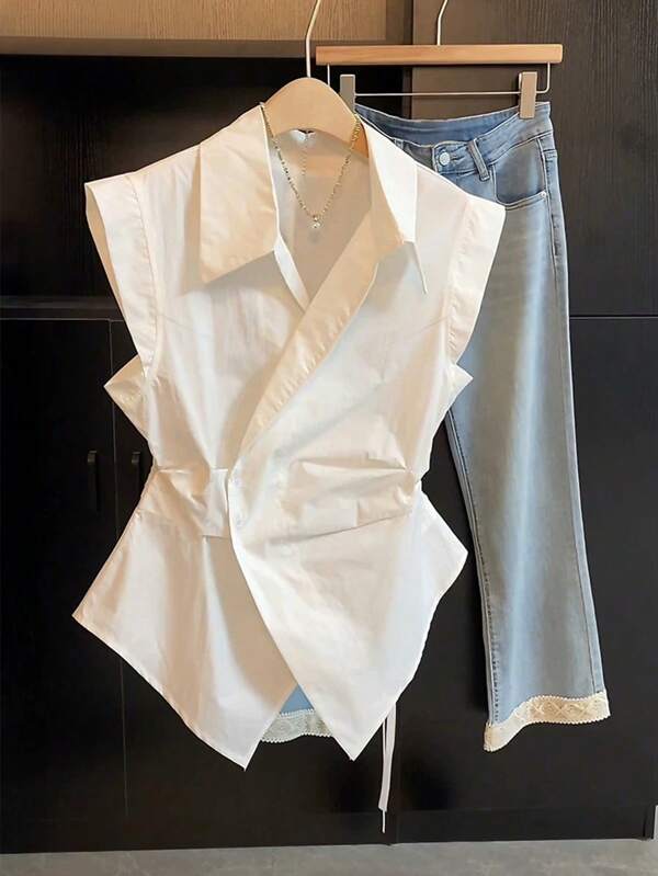 SHEIN Camisa envolvente sin mangas informal de unicolor talla grande para verano
