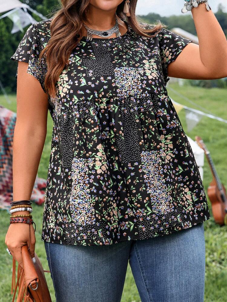 Women's Plus Size Black Ditsy Floral Boho Tops,Summer Vacation Holiday Casual Bohemian Shirt,Western Country Concert Flower Spring Fashion Blouse