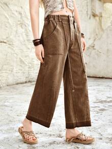Bohemela 女士休闲抽绳口袋直筒裤 - 棕色 - 查看 7