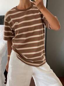 Livesso Women's Casual Sporty Contrast Striped Loose Short Sleeve Crew Neck T-Shirt, Summer