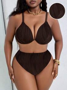 Slaydiva Plus Size Women's Sexy Steel Boned Textured Adjustable Bikini Set For Summer Beach Vacation - Brown - View 1