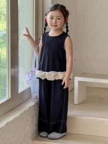 DAZY Young Girls Round Neck 2 In 1 Flower Bud Sleeveless Shirt + Loose Casual Denim Suit,Girls Summer Outfits - Royal Blue - View 2