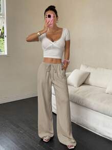 SHEIN PETITE Pantalones anchos de mujer de unicolor con bolsillos y cordón