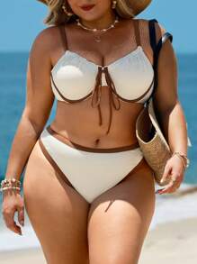 Swim Lushoire Plus Size Women Summer Beach Vacation Textured Contrast Color Underwire Bikini Set - Apricot - View 2