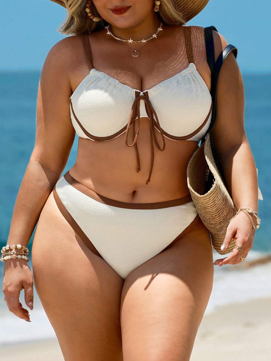 Swim Lushoire Plus Size Women Summer Beach Vacation Textured Contrast Color Underwire Bikini Set