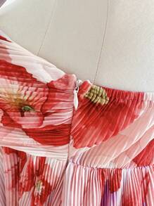 Comfortcana Plus Size Summer Floral Print Pleated Bow-Tied Casual Beach A-Line Cami Dress