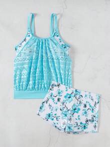 SHEIN Swim Lushore 海滩两件套，女式夏季随机花卉印花比基尼上衣，带网眼收腹和三角短裤泳衣 - 彩色 - 查看 6