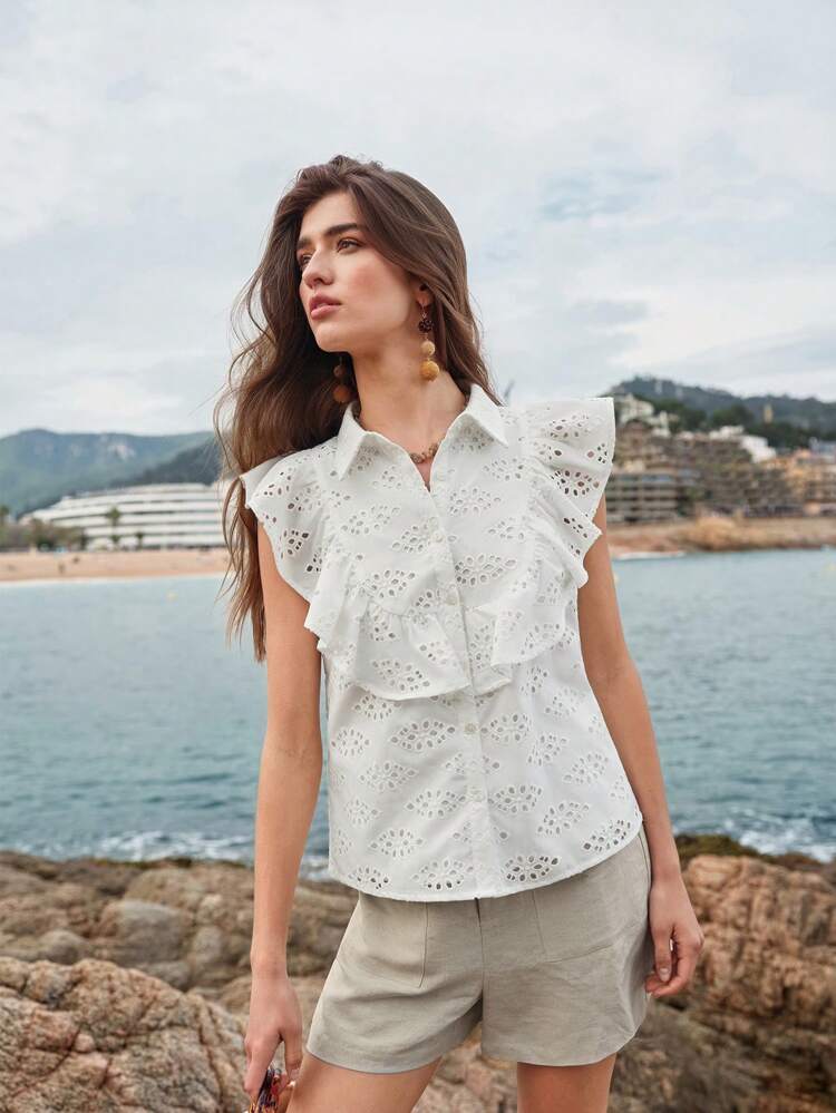 EYELET EMBROIDERY RUFFLE BLOUSE