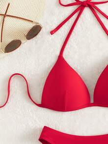 SHEIN Swim 2pcs Women's Summer Beach Solid Color Halter Tie Sexy Bikini Swimsuit Set, Underwired