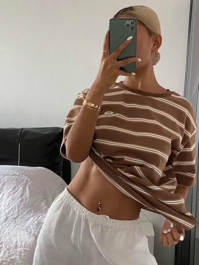 Livesso Women's Casual Sporty Contrast Striped Loose Short Sleeve Crew Neck T-Shirt, Summer