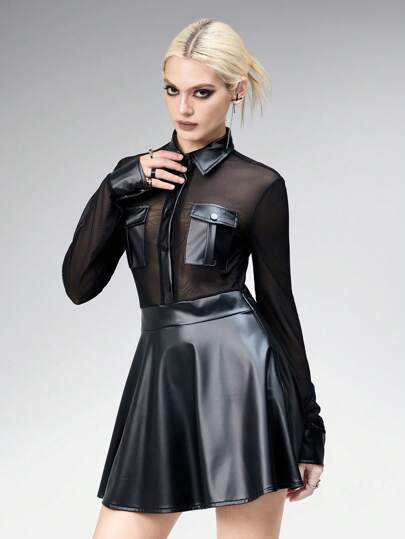 Goth Vestido mini de mujer con estilo gótico sexy de calle, con parches de malla transparente y recubrimiento de piel sintética con bolsillo