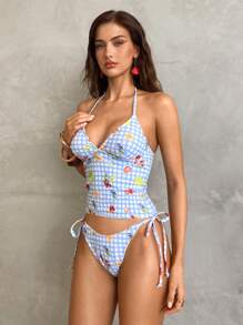 Swim Mod Refreshing Sweet Fruit Plaid Print Spaghetti Strap Bikini Set, Suitable For Summer Vacation - Multicolor - View 3