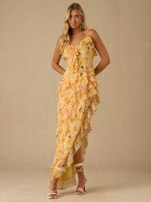 Enchnt 春夏浪漫女士阳光黄花卉印花不对称荷叶边下摆细肩带连衣裙，甜美优雅，适合度假、约会、节日、派对、毕业典礼、婚礼宾客和海滩，舞会礼服，女士夏季连衣裙，女士太阳裙，夏季服装，优雅派对连衣裙，紧身连衣裙，波西米亚风女装 - 黃色 - 查看 3