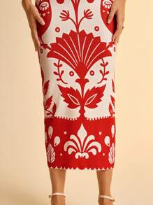 CAJUNI Damen Boho Orange & Weiß Tropischer Vogel & Blumendruck Twist Gestricktes Bodycon Urlaubskleid, Lässiges Sommer Blumendruck Sonnenkleid, Cut Out