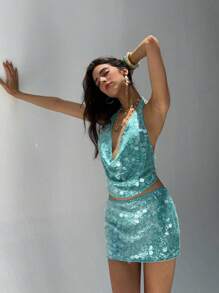 Aloruh Women's Spring/Summer Party Graduation New Fashion Beaded Cowl Neck Sleeveless Backless Sexy Music Festival Crop Tank Top Cute Summer Tops - Blue - View 8