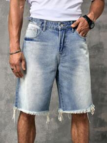 Manfinity Homme 男士口袋磨边休闲百慕大牛仔短裤 - 淺色水洗藍 - 查看 5