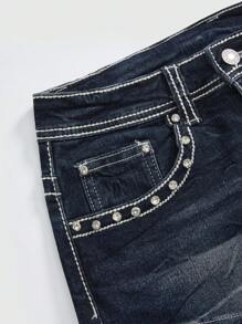 ROMWE Avant Women's US Independence Day Star Embroidered Y2K Denim Shorts - Blue - View 4