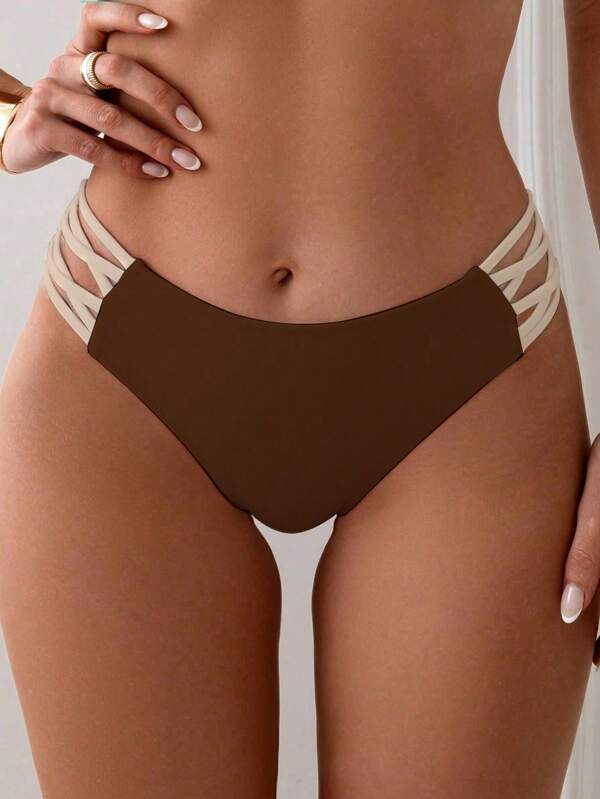 SHEIN Swim Bottom de bikini de mujer para vacaciones de verano en la playa con bloques de color y tirantes cruzados