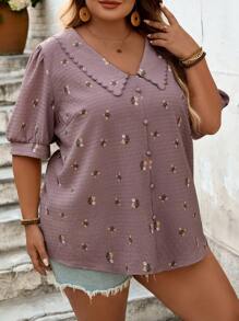 SHEIN CURVE+ Áo sơ mi nữ cỡ lớn tay phồng in họa tiết, áo sơ mi nữ cỡ lớn không cài cúc, thích hợp mặc đi biển/đi biển/nghỉ mát biển/đồ cần thiết khi đi biển/lễ tốt nghiệp/tiệc trà mùa hè/phong cách đồng quê/kỳ nghỉ biển/bãi biển/trang phục đi biển - Nhiều màu - Xem 5