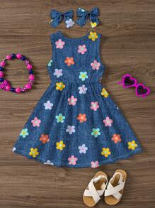 SHEIN Váy dài không tay in hoa nhiều màu dễ thương giản dị cho bé gái, phù hợp cho mùa hè - Cherished Little Joy, Princess Chic, Little Blossoms, Everyday Comfort, Chill Vacation, Korean SS Style, Cool Wear Collection, Vacay Vibes - Nhiều màu - Xem 3