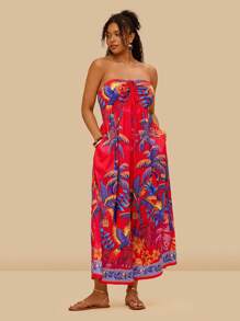 Travachic 大码女式无袖热带红棕榈树和鹦鹉印花连体裤，多种穿着方式，带口袋，休闲度假装，夏季 - 紅色 - 查看 5