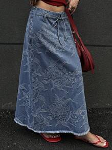 DAZY 女士时尚休闲牛仔半身裙，印花腰带设计 - 藍色 - 查看 5