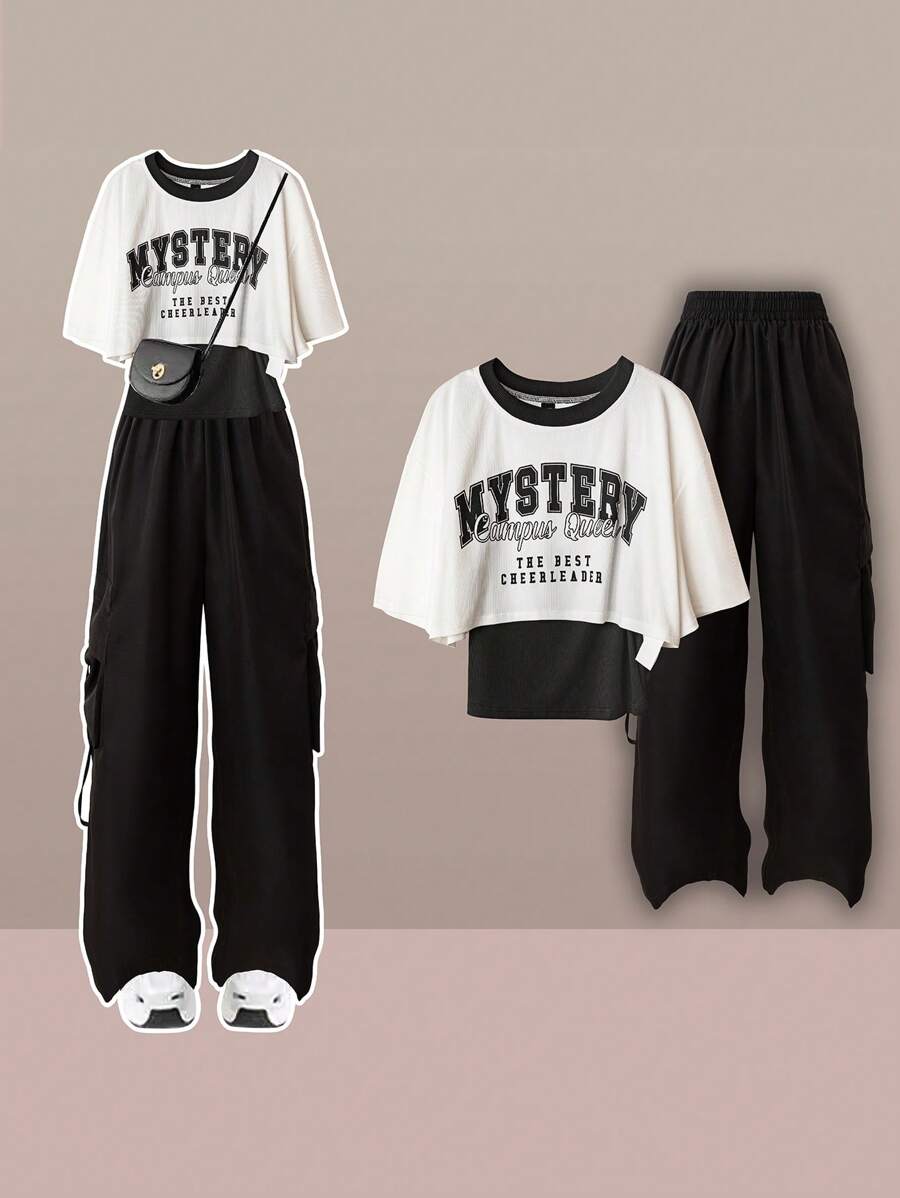 Flirla 青少年女孩两件套：休闲二合一上衣 + 休闲工装裤，返校服装 - 黑與白 - 查看 1