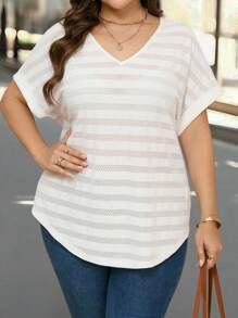 EMERY ROSE Plus Size Women's Summer Striped V Neck Batwing Sleeve Short Sleeve Casual T-Shirt Tunic Top, Fashionable And Elegant Summer Dress, Business Casual Women's Dress, Women's Graduation Dress, Women's Wedding Guest Dress, Graduation Dress, Women's Work Dress,Going Out Tops - Apricot - View 1