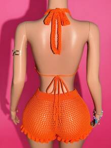 Slaydiva 2pcs/Set 2025 Spring/Summer New Halter Tied Backless Knit Top And Ruffled Hem Knit Mini Shorts Set, Women Casual Vacation Matching Outfit - Orange - View 2