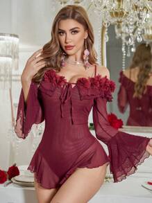 SHEIN 3D花卉V领喇叭长袖修身网眼连体衣 - 酒紅色 - 查看 3